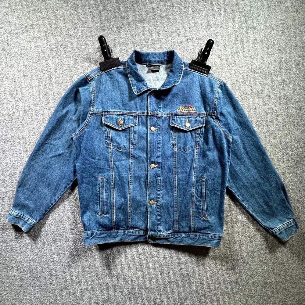 VTG Riviera Hotel & Casino Trucker Jacket Men M Blue Denim Embroidered Las Vegas